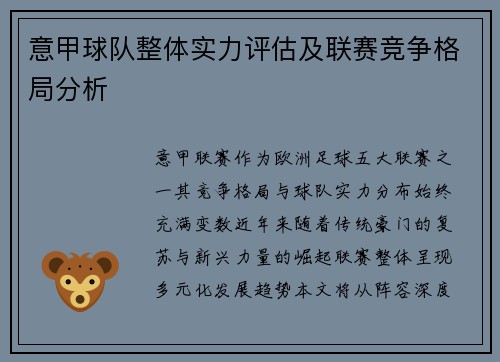 意甲球队整体实力评估及联赛竞争格局分析